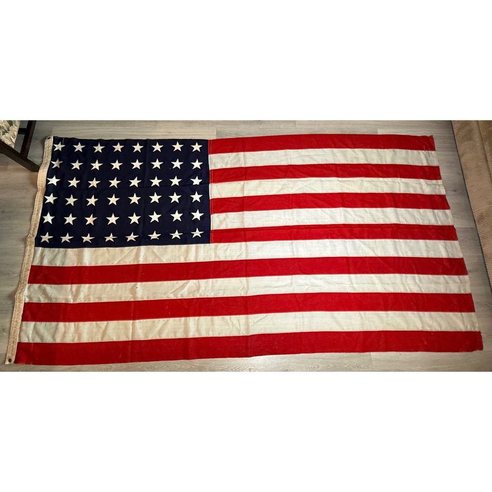 Vintage 48 Star American Flag Large Sewn Cotton 5x9 Ft Antique USA Decor